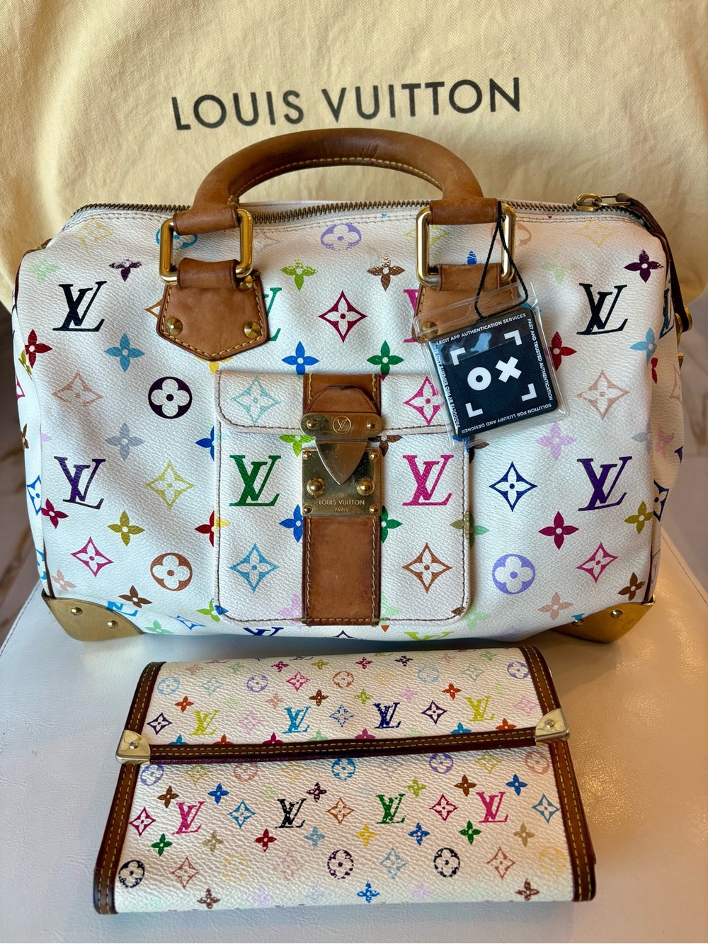 Louis Vuitton White Multicolor Monogram Speedy 30 Bag & Matching Wallet Dust Bag